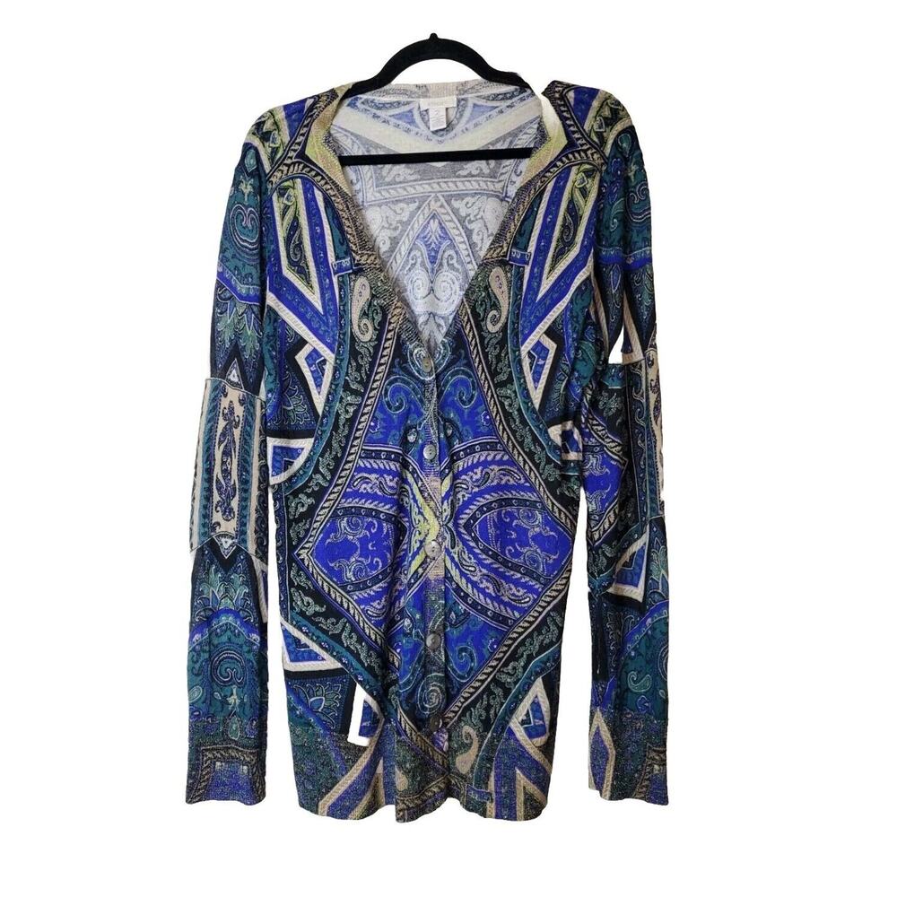 CHICO'S 2 Women Long Cardigan Sweater Button Front Large Lightweight Thin‎ Print